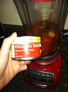 Enchilada sauce in the blender and the incomparable BeriBeri seasoning
